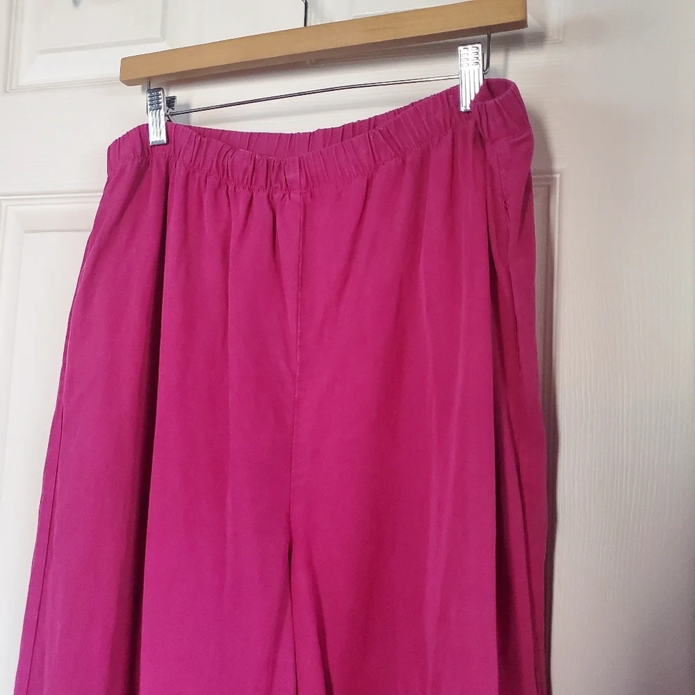 Linen Blend Magenta Wide-leg Pants Summer Vacation Beachy Pull-on Elastic Waist